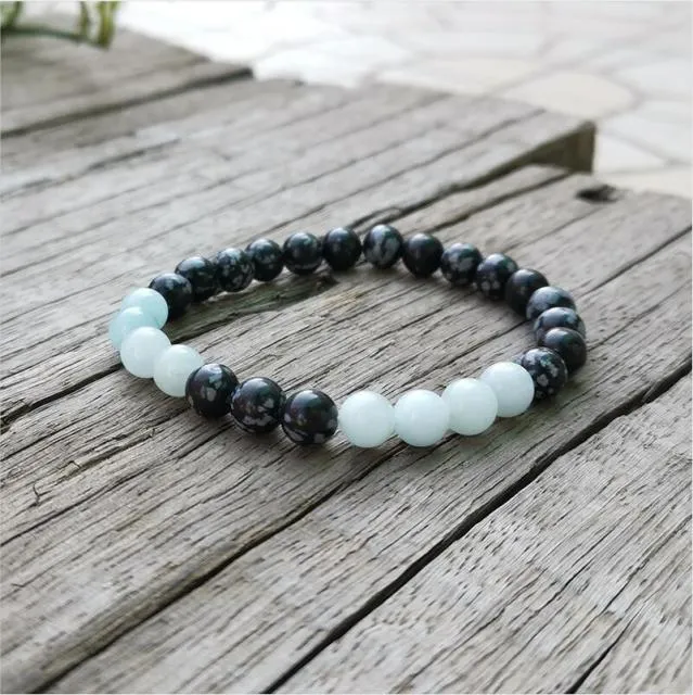 Aquamarine Snowflake Obsidian,Mala Bead Bracelet