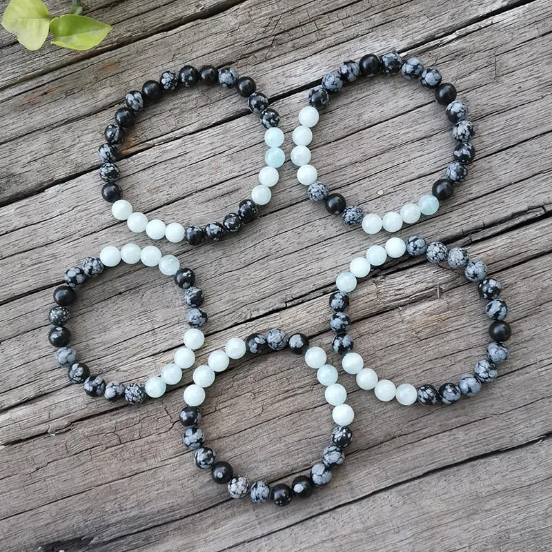 Aquamarine Snowflake Obsidian,Mala Bead Bracelet