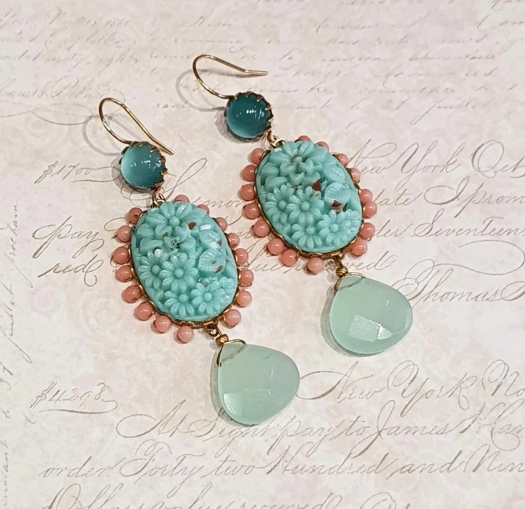 Askew Coral Turquoise Blue Drop Earrings Gold Plated