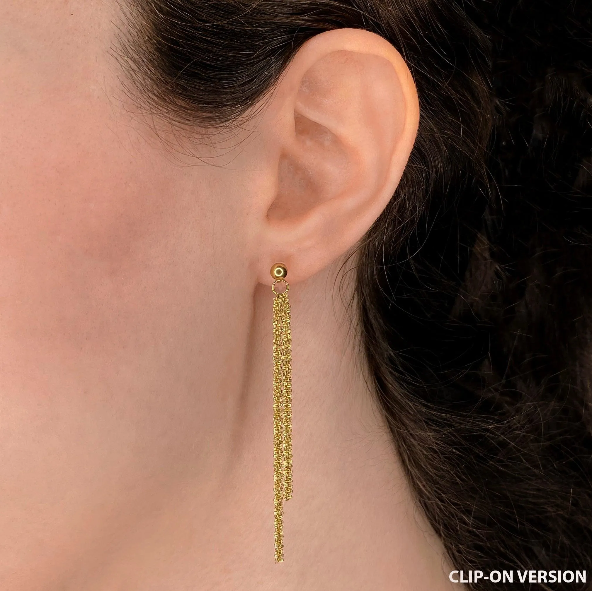 ASYMMETRIC DOUBLE DANGLE CLIP-ON EARRINGS IN GOLD