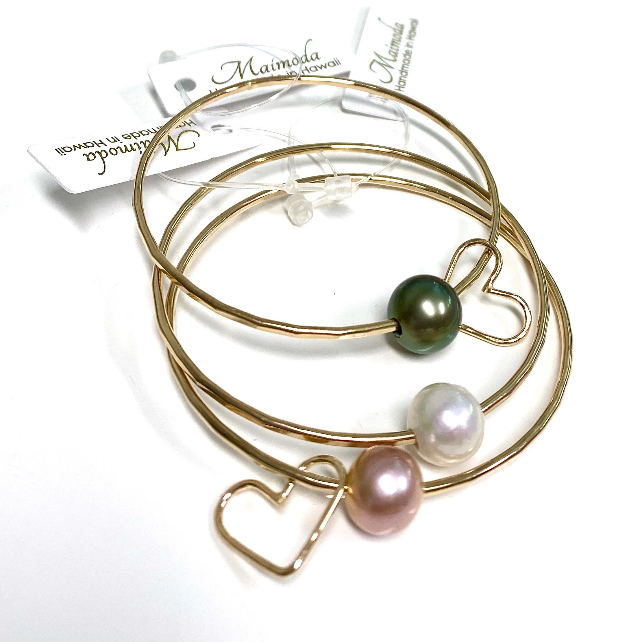 Bangle Lani - pink pearl & heart charm (B255)