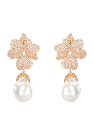 Baroque Pearl White Flower Drop Earrings Rosegold