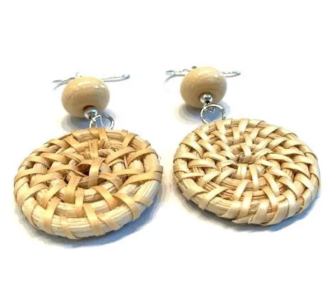 Beige Beaded Woven Rattan Earrings