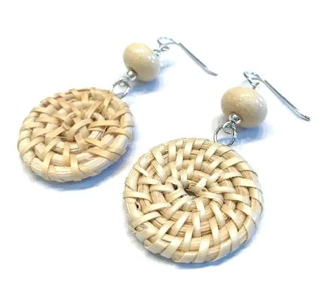 Beige Beaded Woven Rattan Earrings