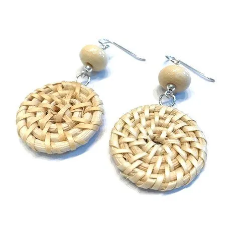 Beige Beaded Woven Rattan Earrings