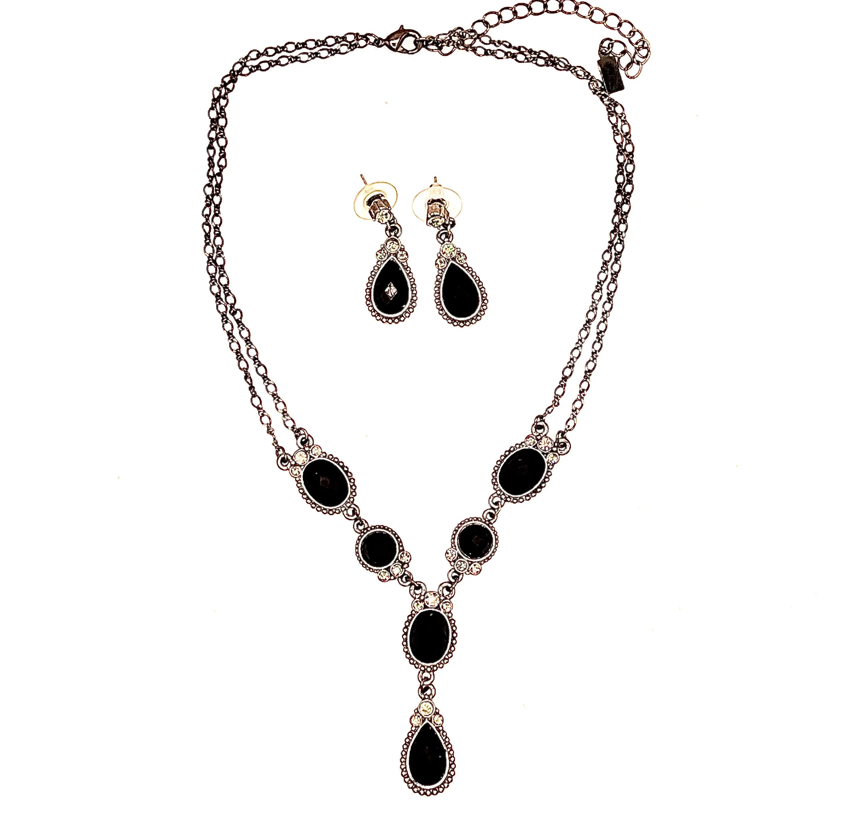 Black Onyx and Diamond Necklace with Matching Earrings Set