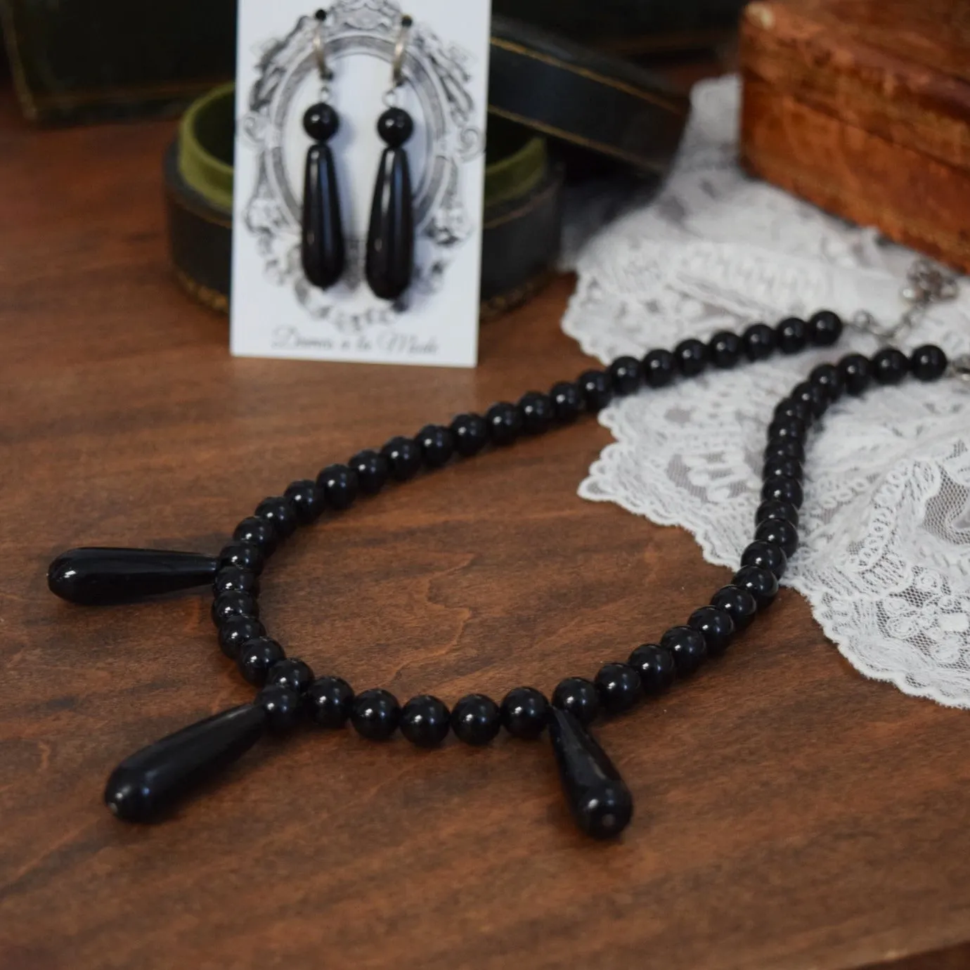 Black Onyx Beaded Necklace with Teardrops