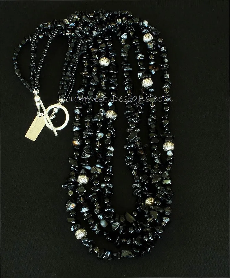 Black Onyx Chip 4-Strand Necklace with Onyx & Smoky Quartz Rounds, Vintage Czechoslovakian Nailheads, Ornate Sterling Silver Beads, and Sterling Silver Toggle Clasp