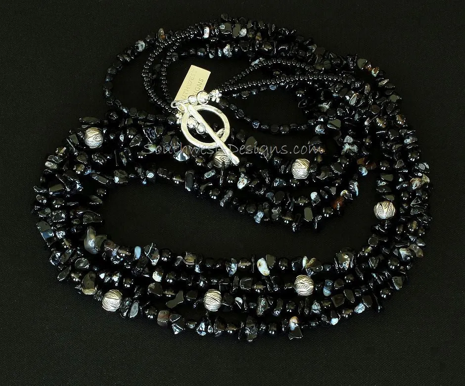 Black Onyx Chip 4-Strand Necklace with Onyx & Smoky Quartz Rounds, Vintage Czechoslovakian Nailheads, Ornate Sterling Silver Beads, and Sterling Silver Toggle Clasp