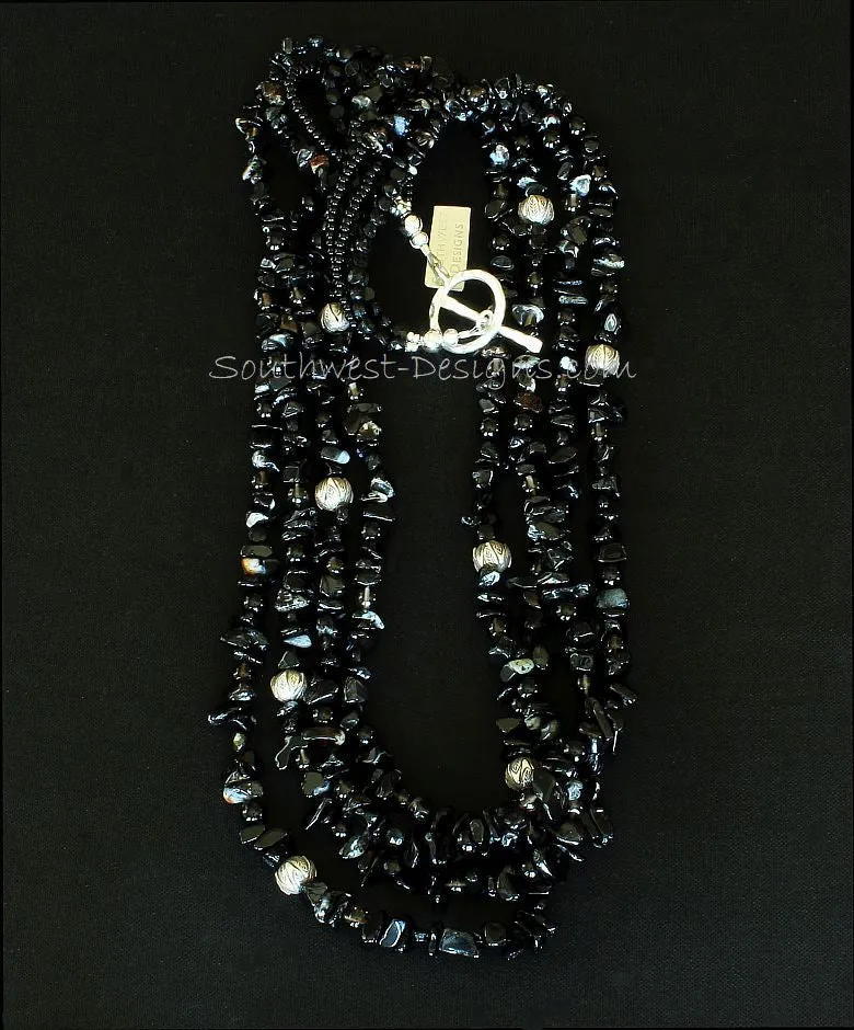 Black Onyx Chip 4-Strand Necklace with Onyx & Smoky Quartz Rounds, Vintage Czechoslovakian Nailheads, Ornate Sterling Silver Beads, and Sterling Silver Toggle Clasp