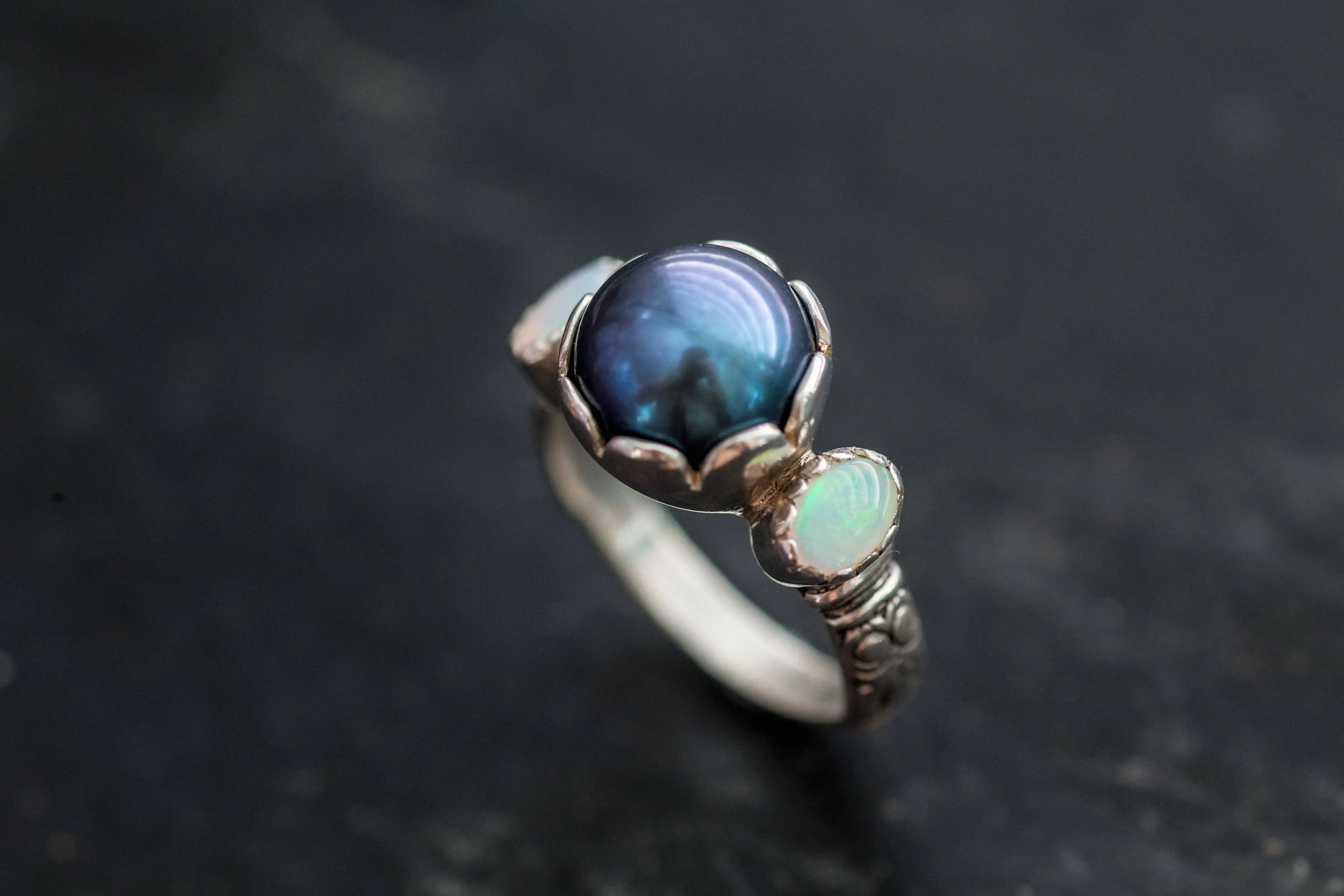 Black Pearl Ring - Pearl Statement Ring - Opal Silver Ring