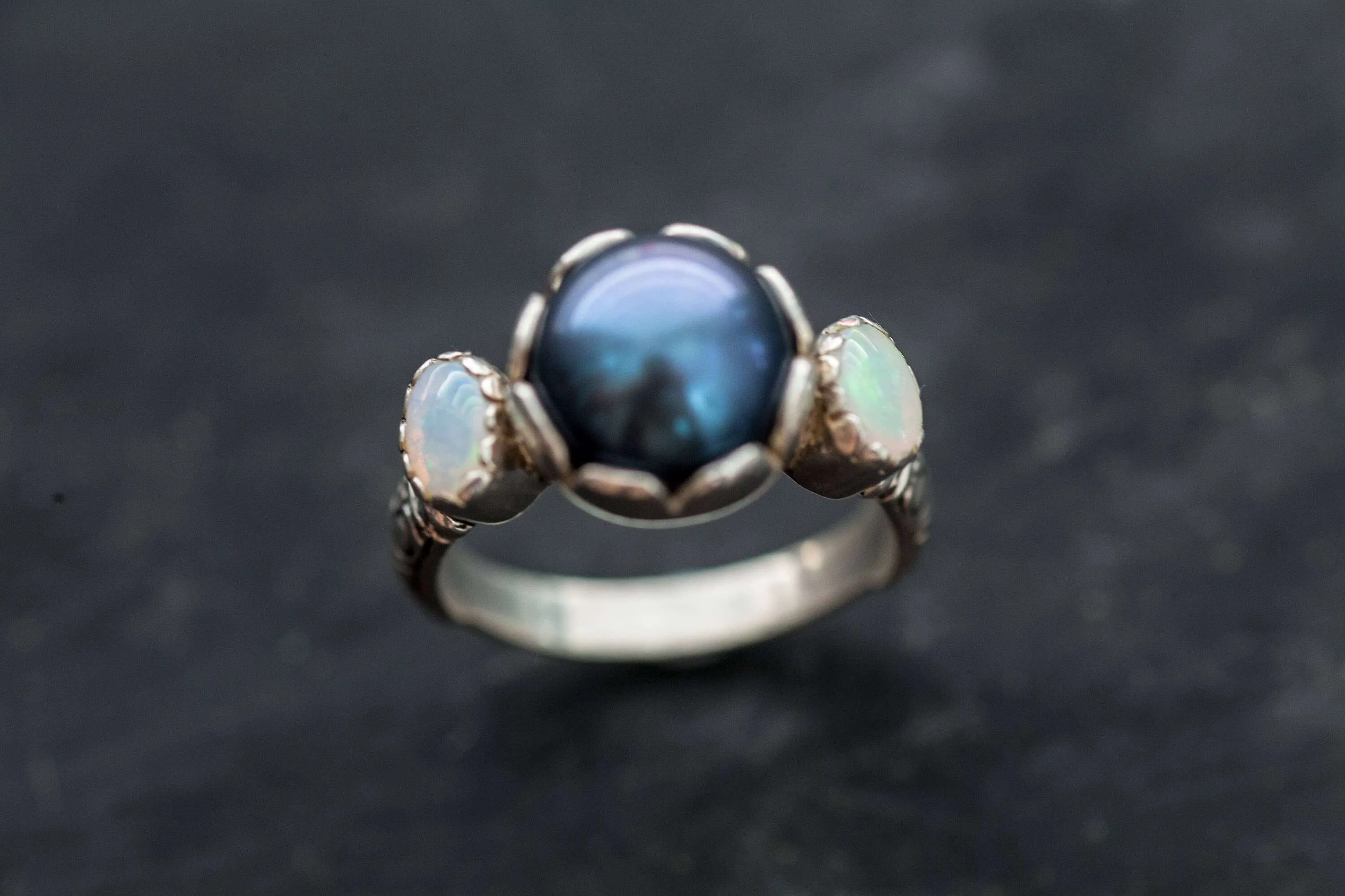 Black Pearl Ring - Pearl Statement Ring - Opal Silver Ring