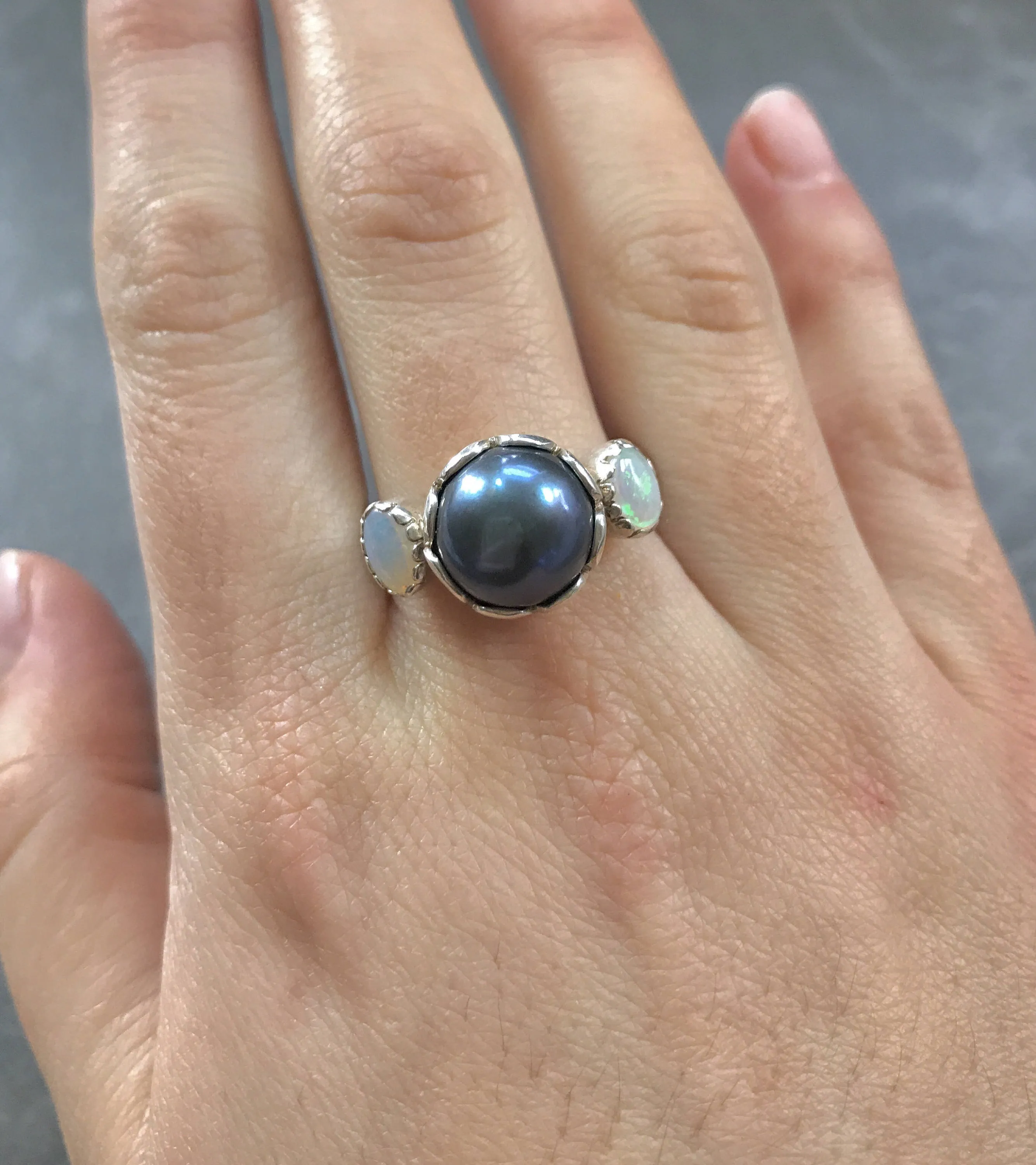 Black Pearl Ring - Pearl Statement Ring - Opal Silver Ring