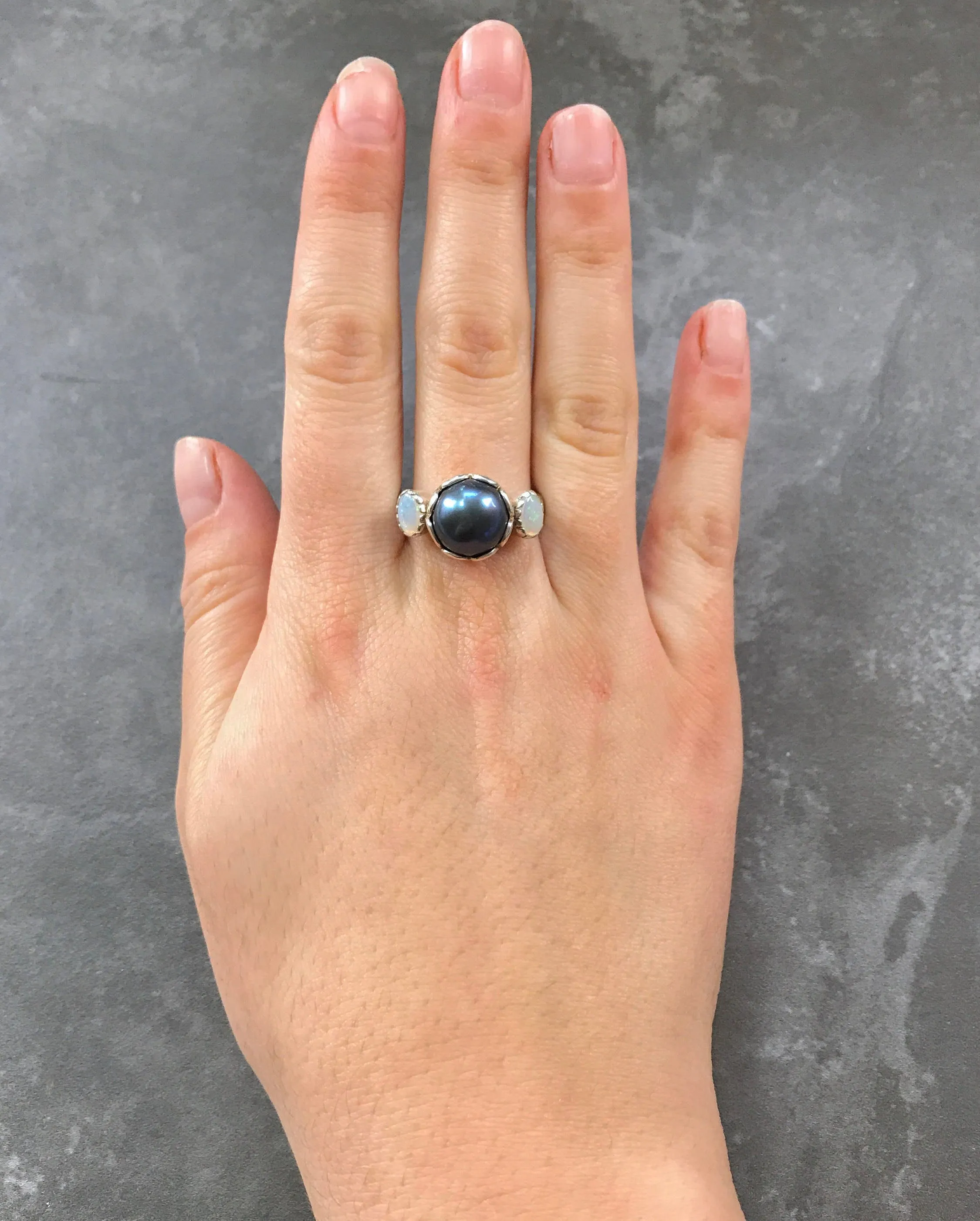 Black Pearl Ring - Pearl Statement Ring - Opal Silver Ring