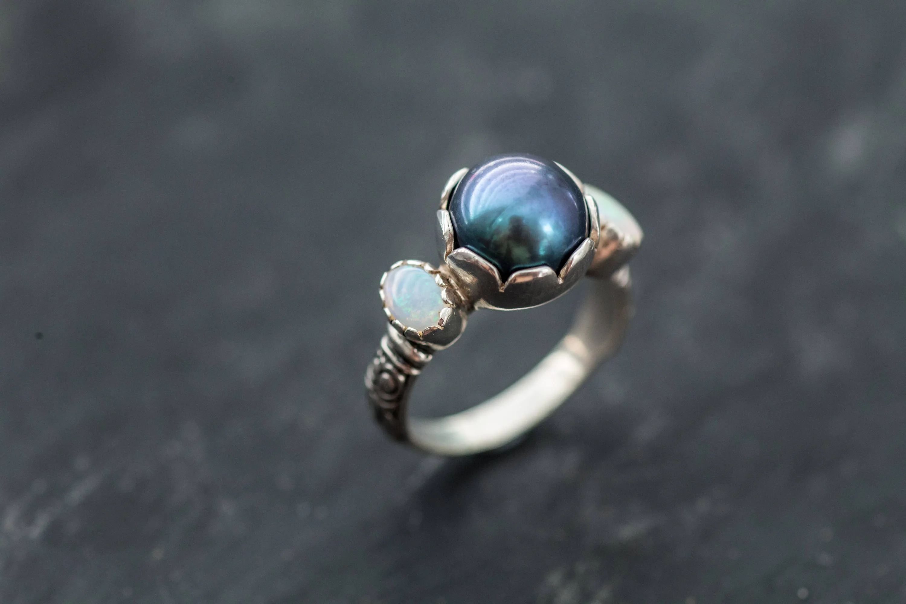 Black Pearl Ring - Pearl Statement Ring - Opal Silver Ring