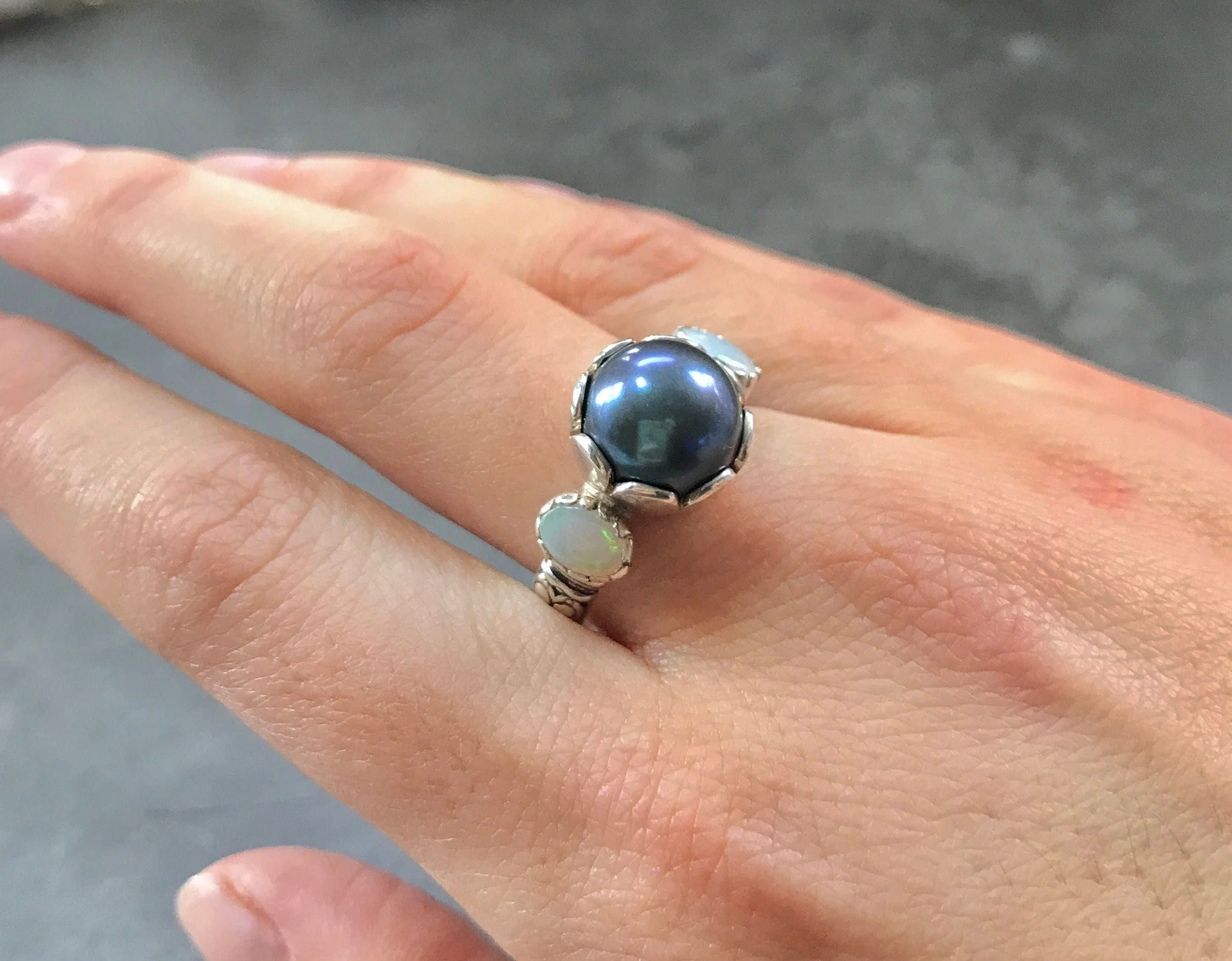 Black Pearl Ring - Pearl Statement Ring - Opal Silver Ring