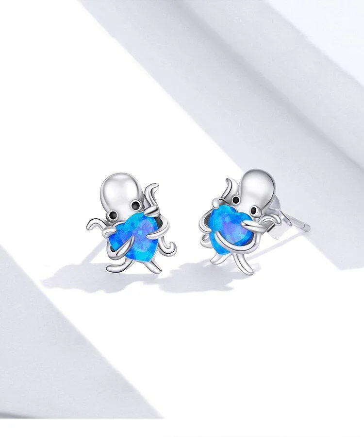 Blue Octopus Heart 925 Sterling Silver Stud Earrings Charm Jewelry BOS1228