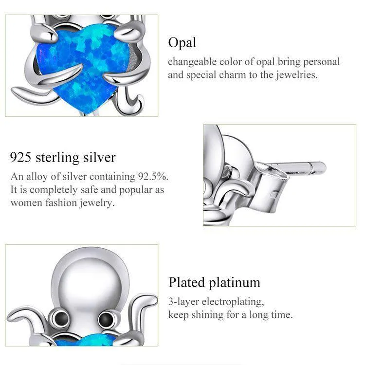 Blue Octopus Heart 925 Sterling Silver Stud Earrings Charm Jewelry BOS1228