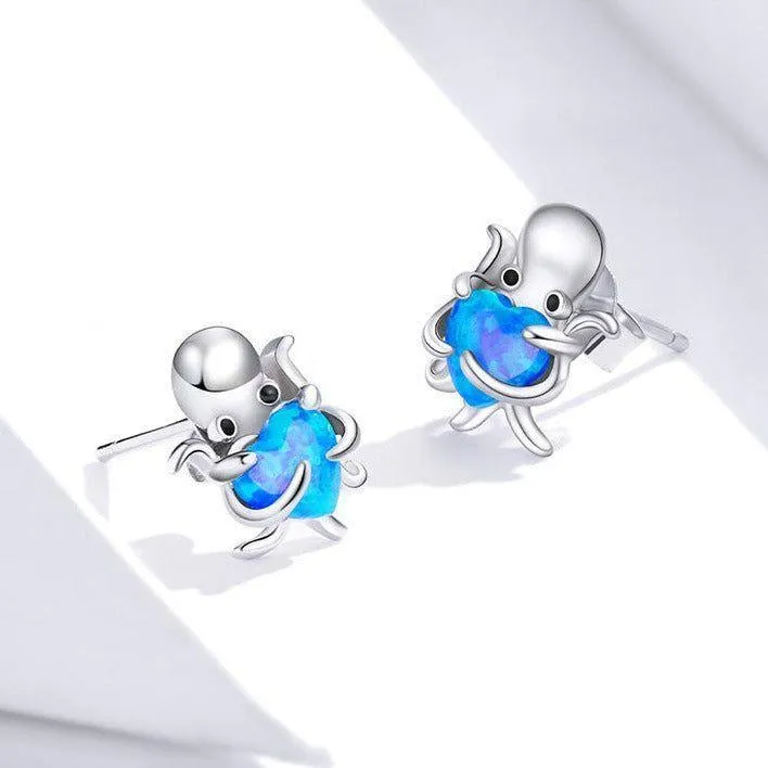 Blue Octopus Heart 925 Sterling Silver Stud Earrings Charm Jewelry BOS1228