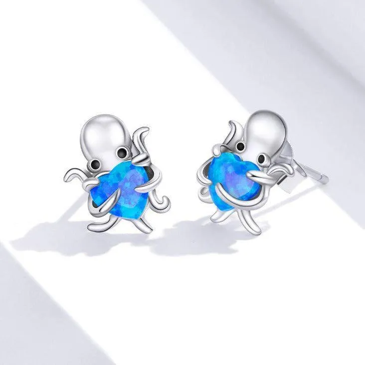 Blue Octopus Heart 925 Sterling Silver Stud Earrings Charm Jewelry BOS1228