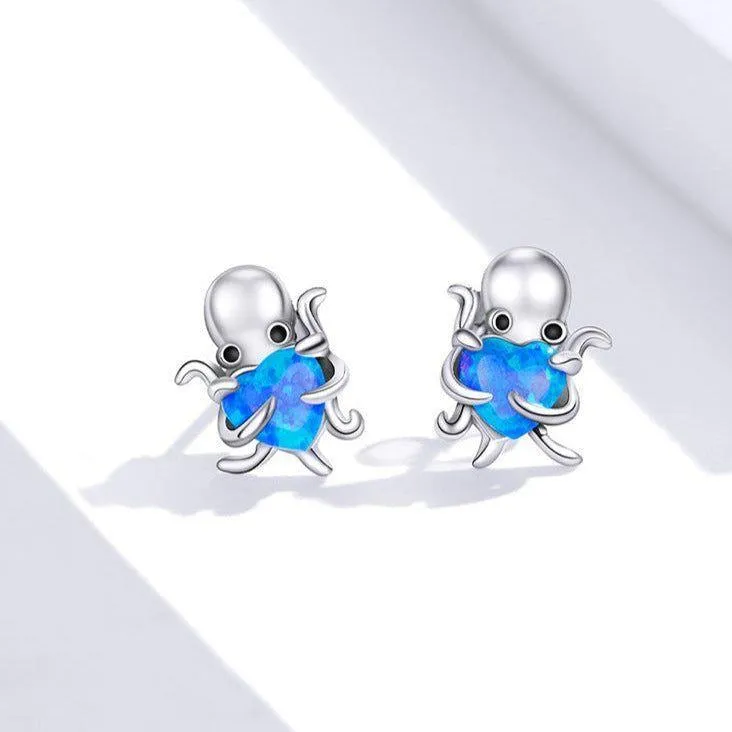 Blue Octopus Heart 925 Sterling Silver Stud Earrings Charm Jewelry BOS1228