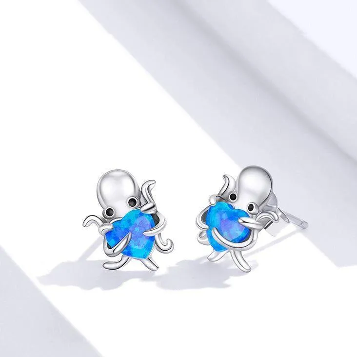 Blue Octopus Heart 925 Sterling Silver Stud Earrings Charm Jewelry BOS1228