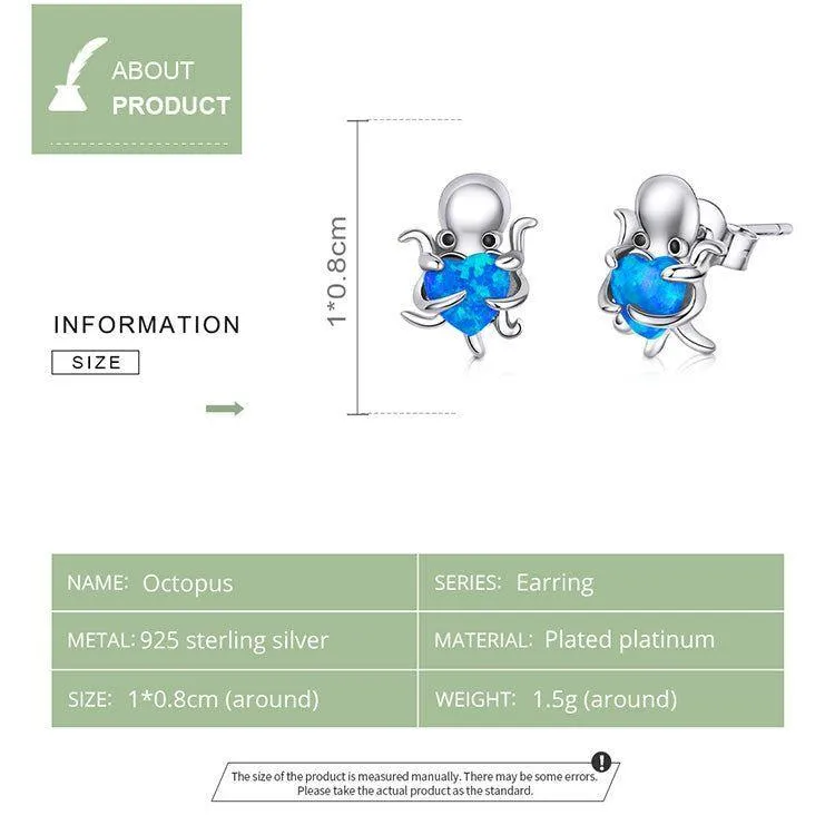 Blue Octopus Heart 925 Sterling Silver Stud Earrings Charm Jewelry BOS1228