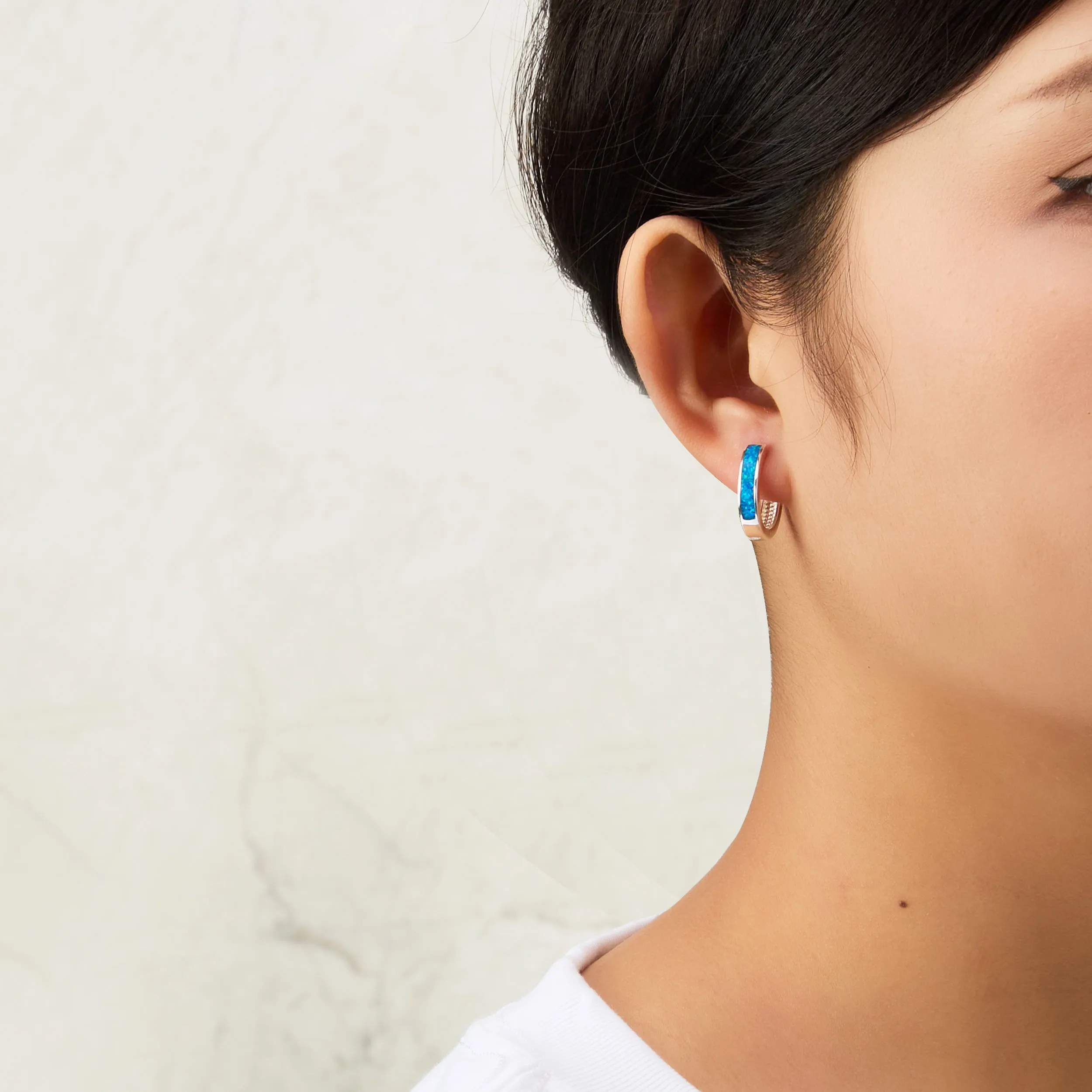 Blue Synthetic Opal Hoop Earrings