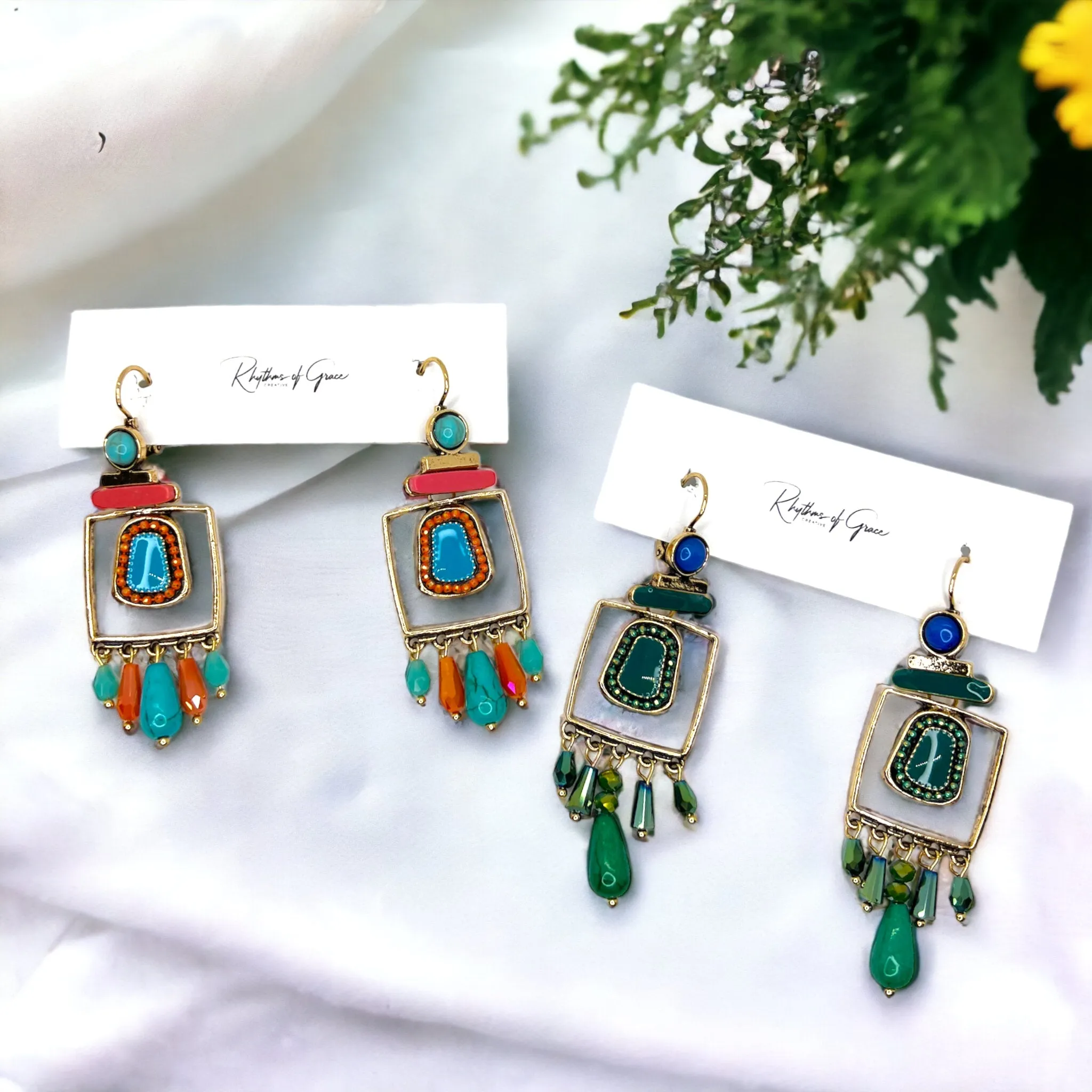 Boho Stone Earrings - Blue Green Stones, Teal and Blue, Boho Earrings