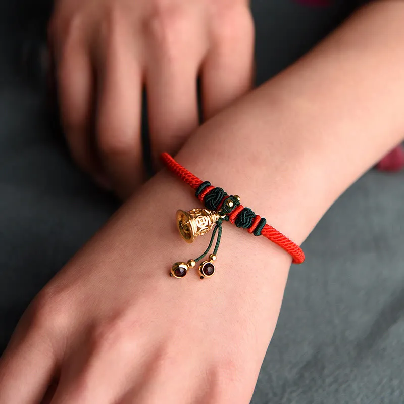 Buddha Stones 14K Gold Plated Copper Coin Bell Garnet Handcrafted Red Rope Bracelet