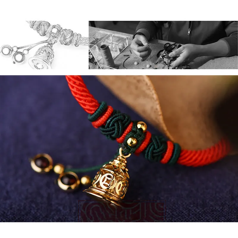 Buddha Stones 14K Gold Plated Copper Coin Bell Garnet Handcrafted Red Rope Bracelet