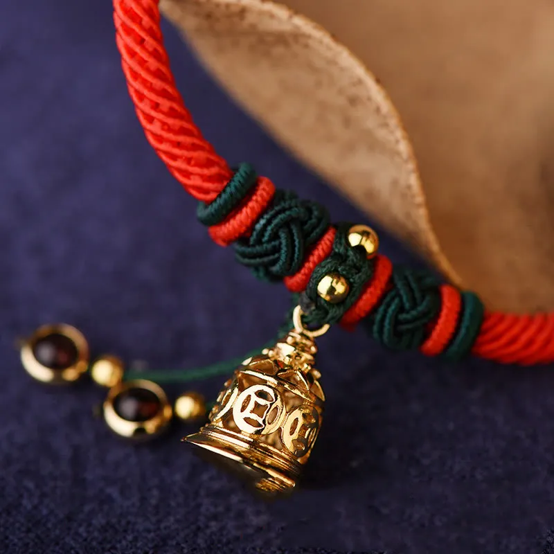 Buddha Stones 14K Gold Plated Copper Coin Bell Garnet Handcrafted Red Rope Bracelet