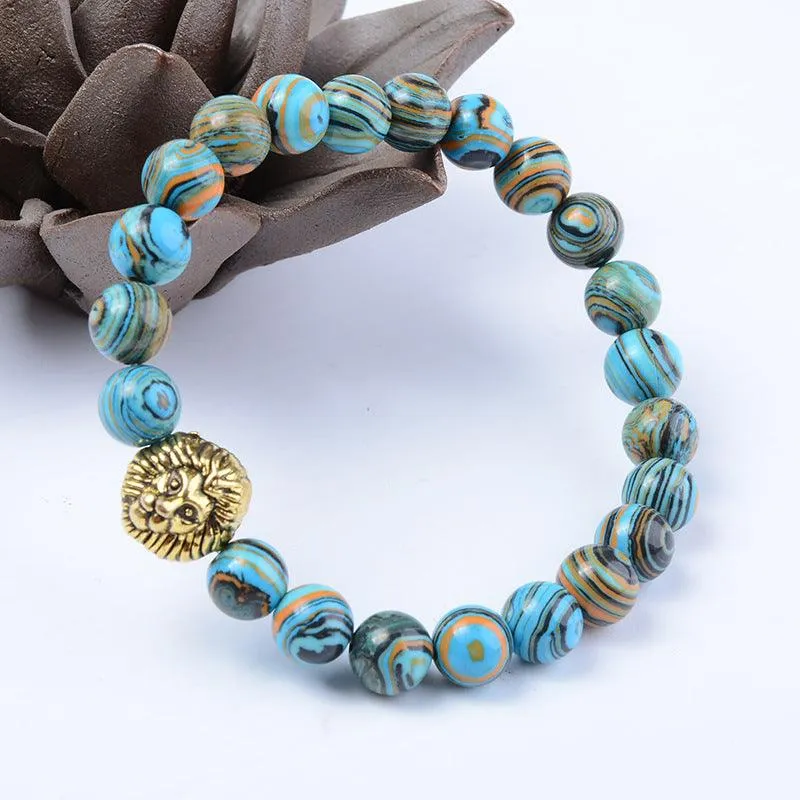 Buddhisttemple Blue Malachite Lion Head Beaded Bracelet