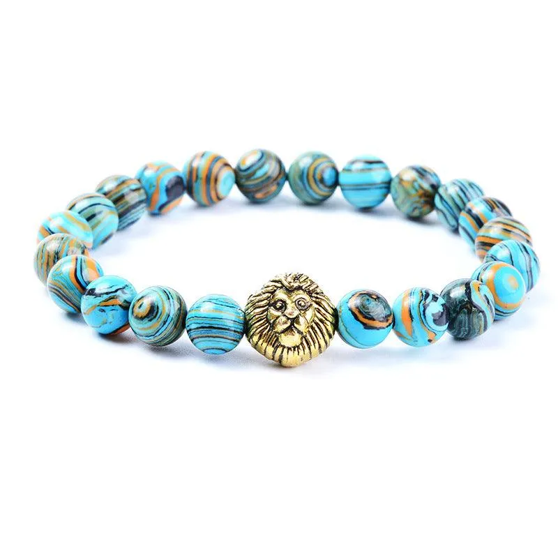 Buddhisttemple Blue Malachite Lion Head Beaded Bracelet