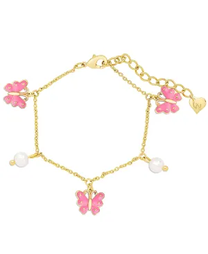 Butterfly and Freshwater Pearl Charm Bracelet (Pink)