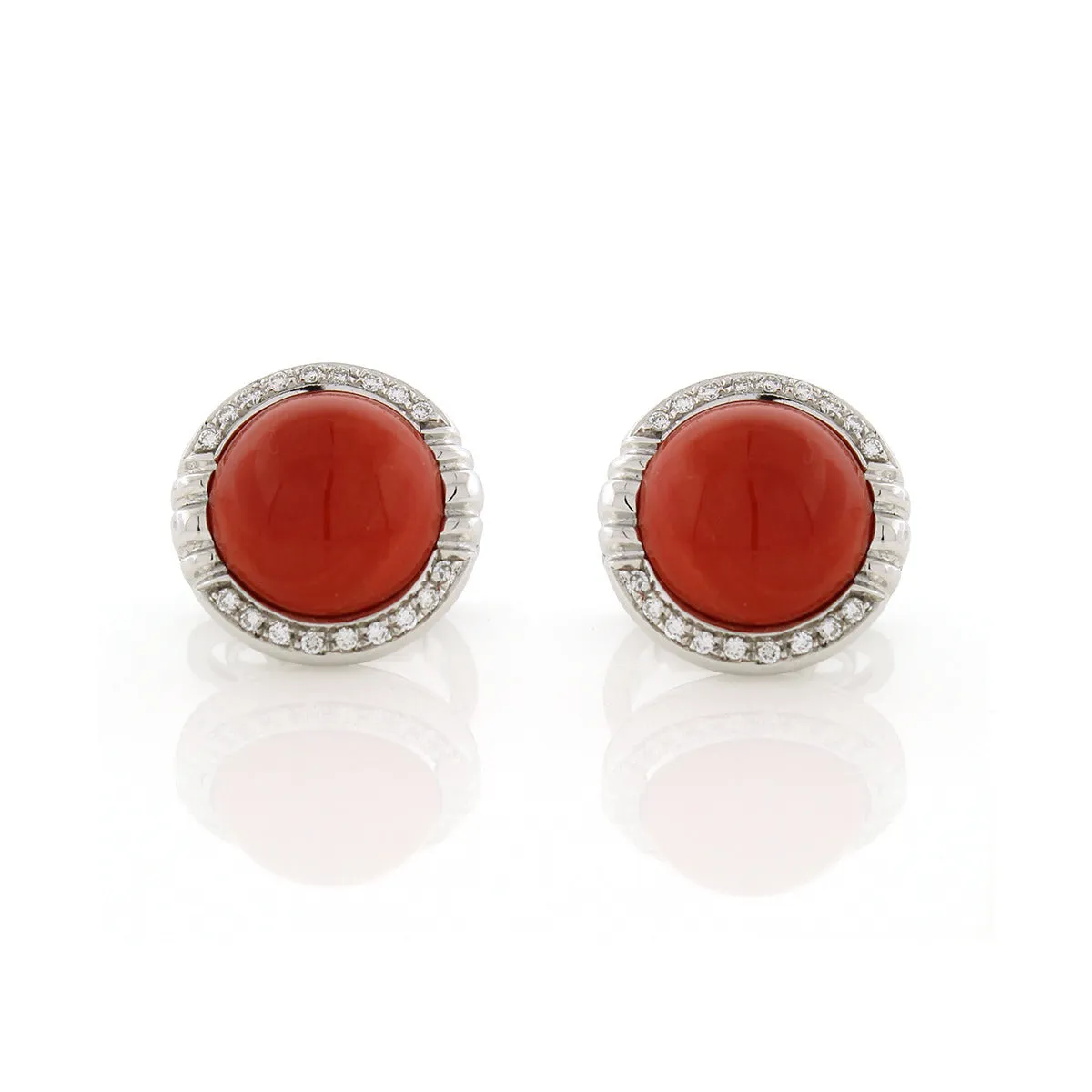 Cabochon Coral and Diamond Halo Pave Earrings