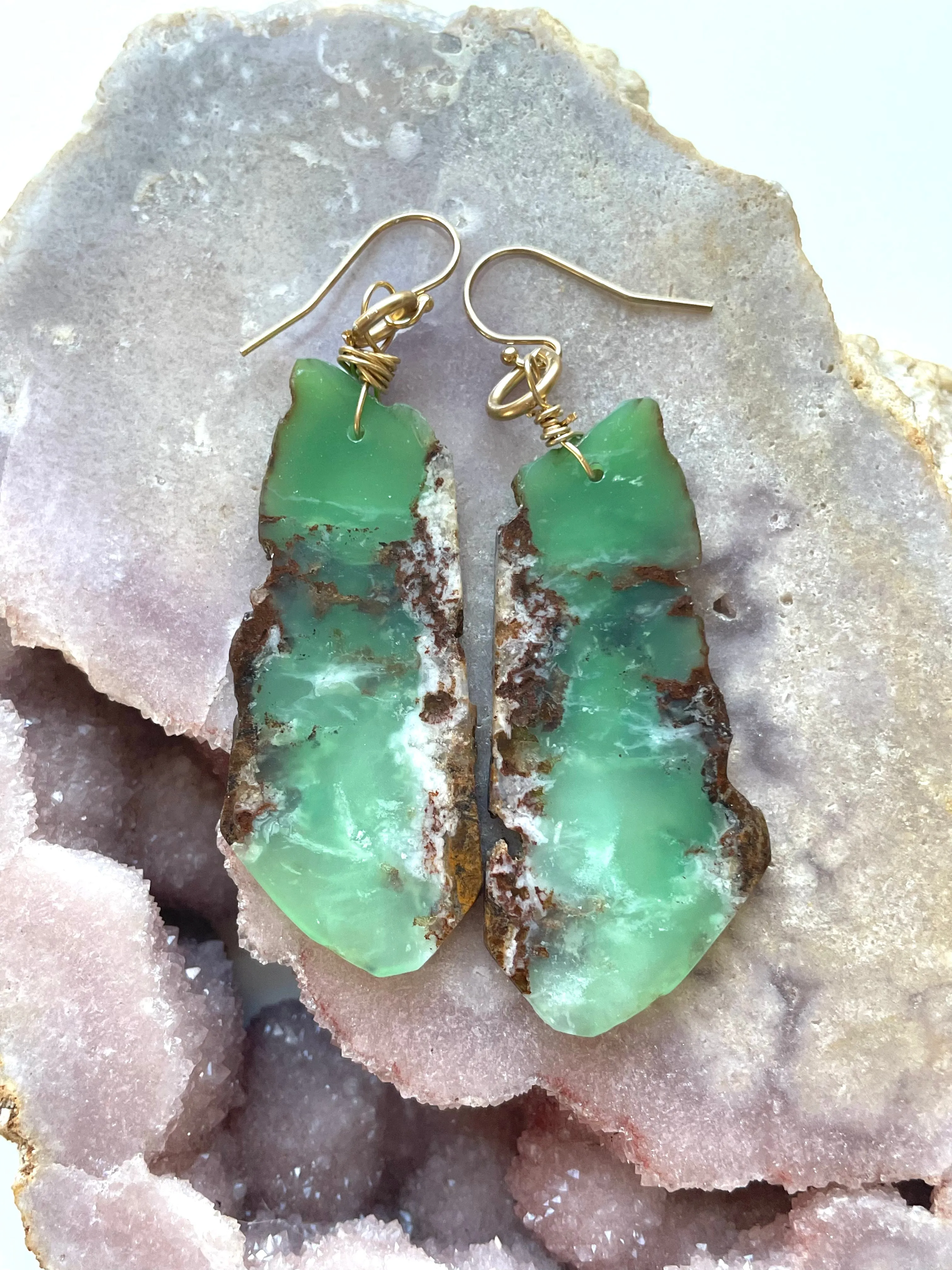 Chrysoprase Statement Earrings Gold Fill