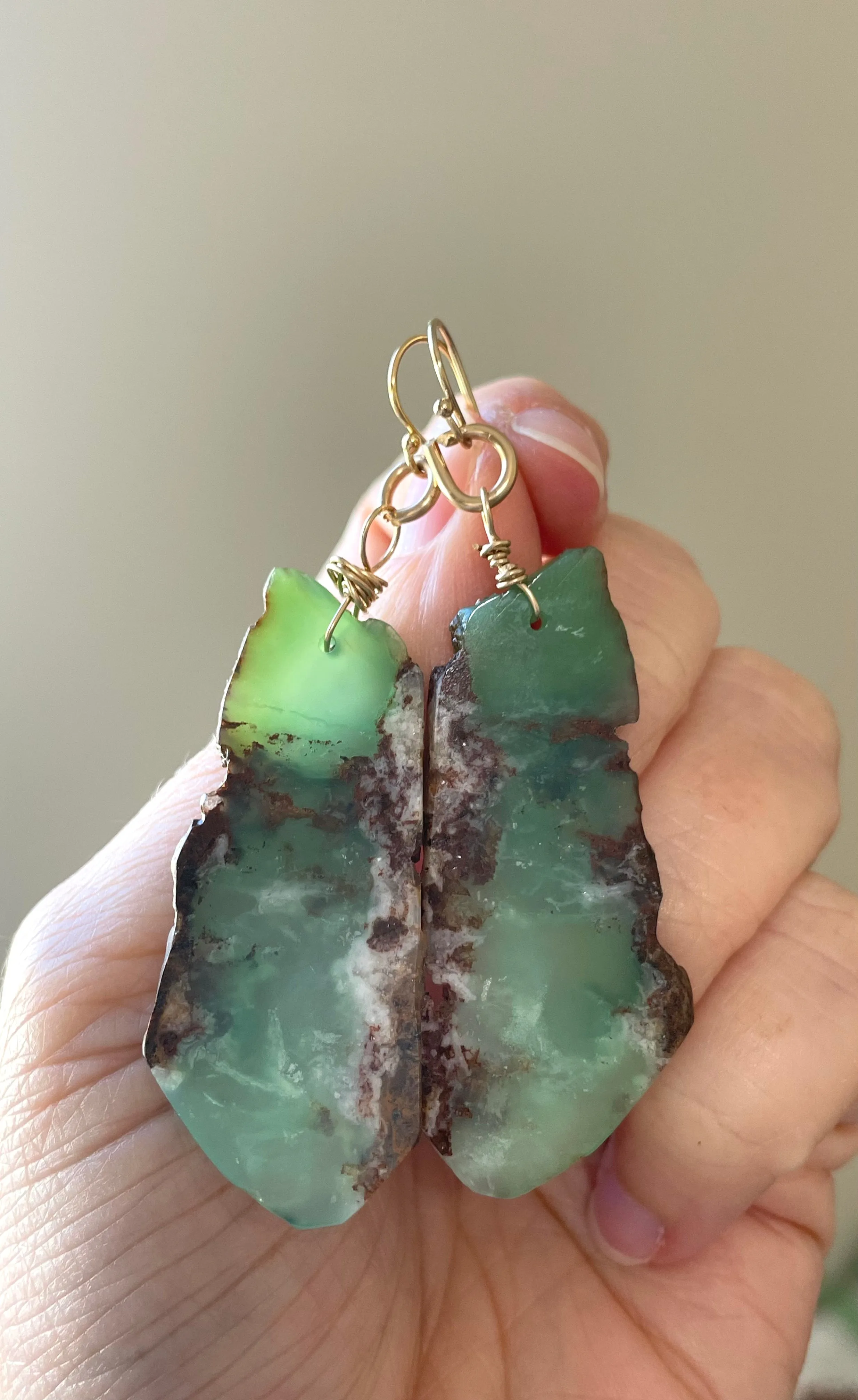 Chrysoprase Statement Earrings Gold Fill