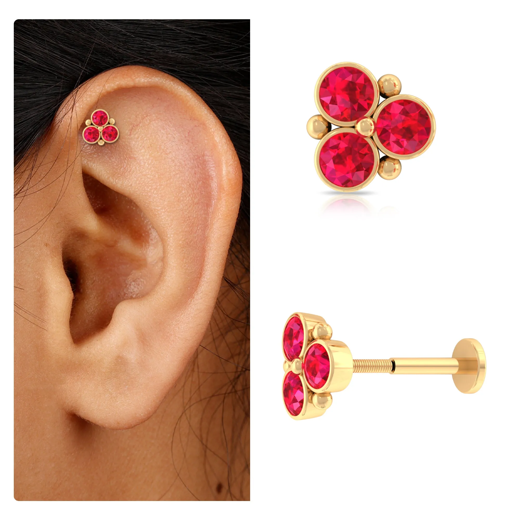 Created Ruby Trio Cartilage Earring in Gold