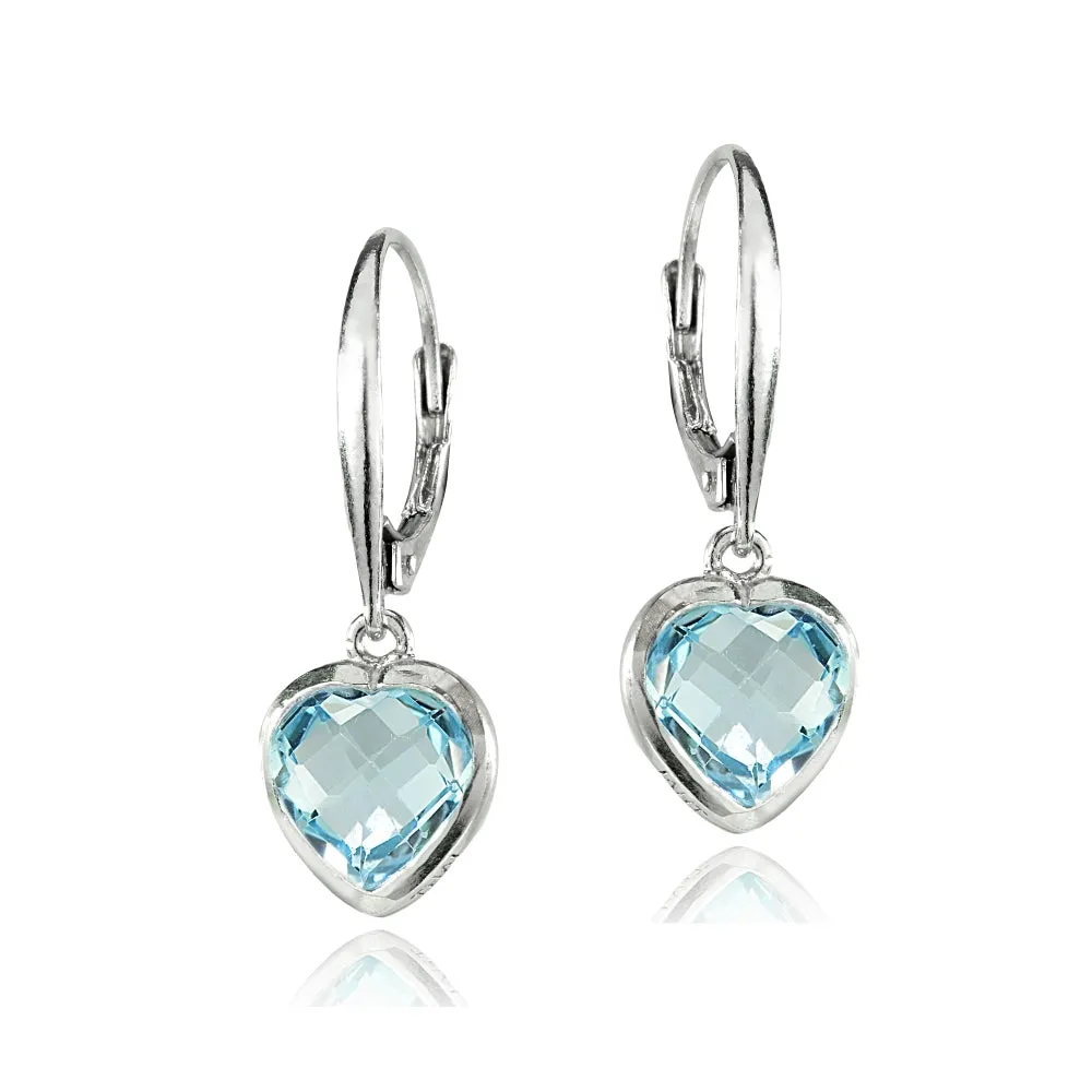 Dainty Blue Topaz Heart Dangle Earrings in .925 Sterling Silver