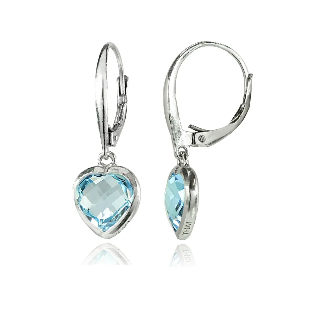 Dainty Blue Topaz Heart Dangle Earrings in .925 Sterling Silver