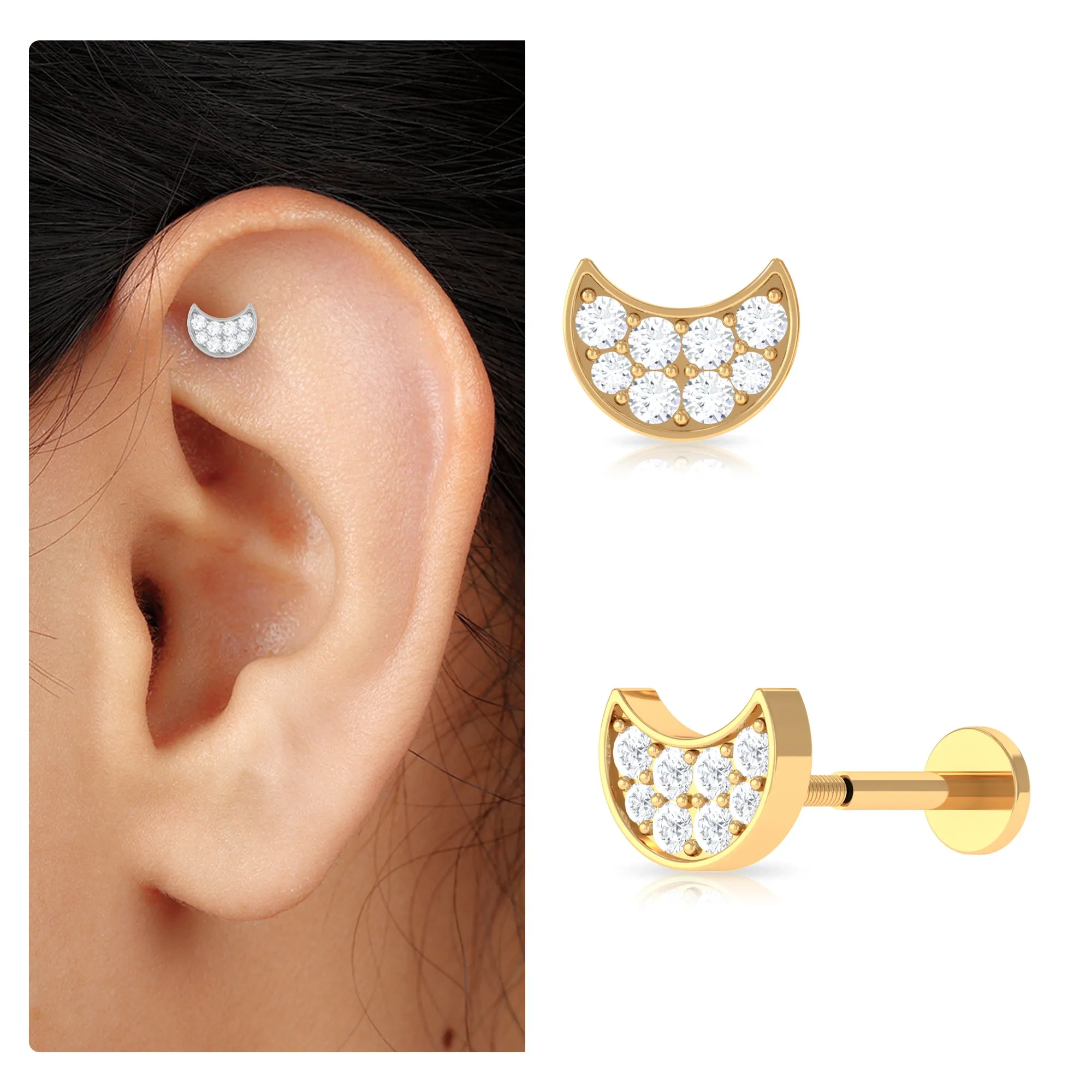 Dainty Moissanite Moon Celestial Earring for Tragus Piercing