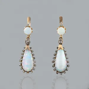 Early Victorian 18k Opal and Diamond Dangle Earrings