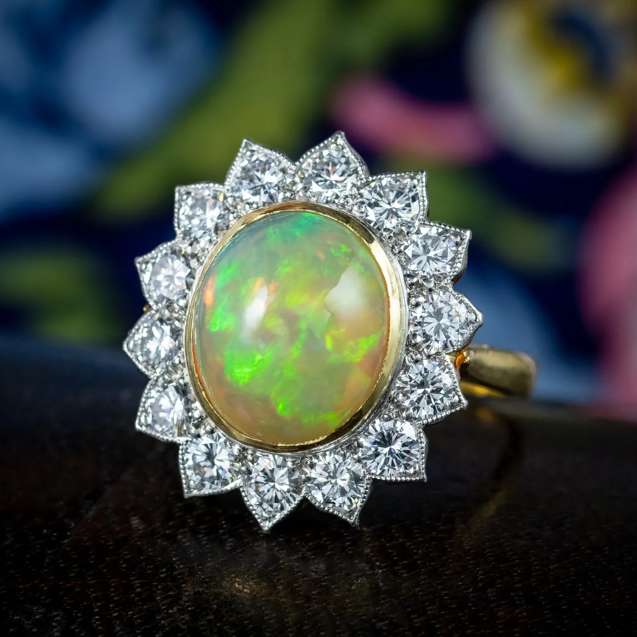 Edwardian Style Opal Diamond Flower Cluster Ring 3.1ct Opal