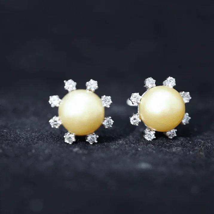 Elegant Floral Inspired South Sea Pearl Stud Earrings with Diamond