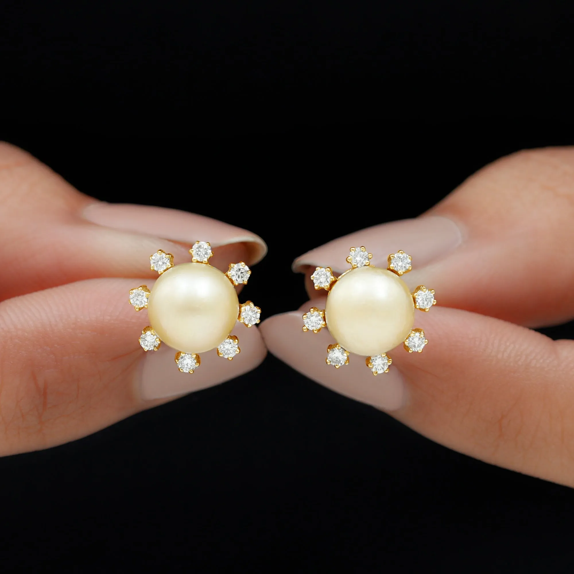 Elegant Floral Inspired South Sea Pearl Stud Earrings with Diamond