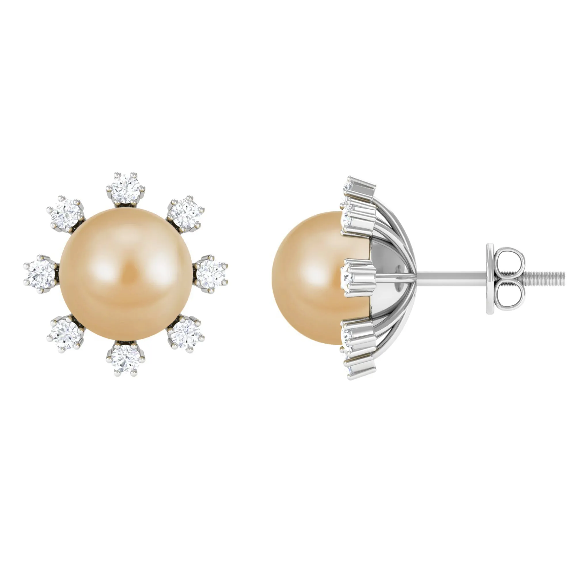 Elegant Floral Inspired South Sea Pearl Stud Earrings with Diamond