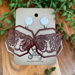 ELEPHANT OCTAGON BURGUNDY AND WHITE EARRINGS