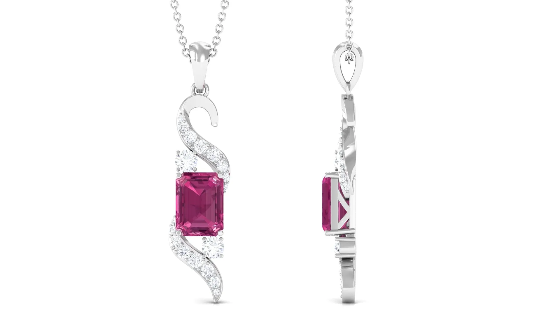 Emerald Cut Pink Tourmaline Designer Dangle Pendant with Moissanite