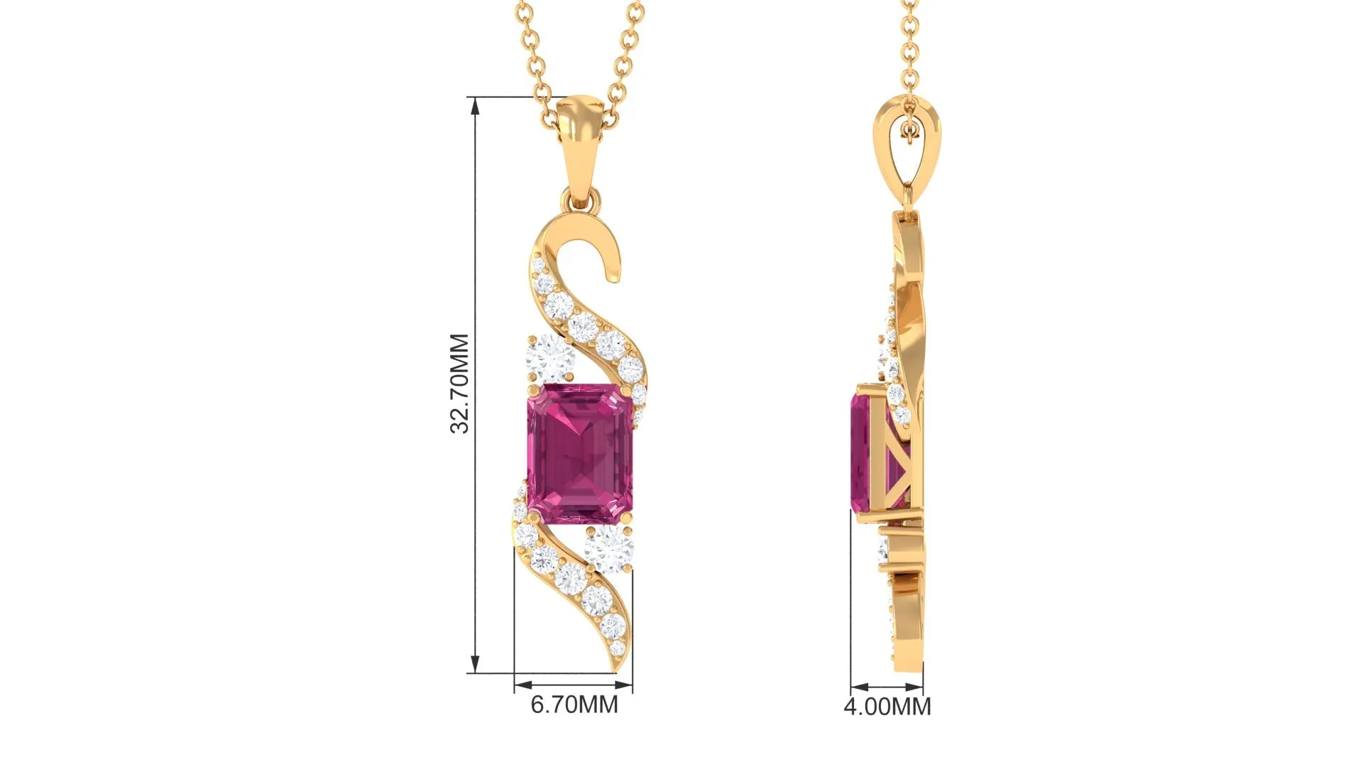 Emerald Cut Pink Tourmaline Designer Dangle Pendant with Moissanite